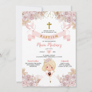 Boho Rosa Blommigt Blonde Little Girl Heliga Bapti Inbjudningar