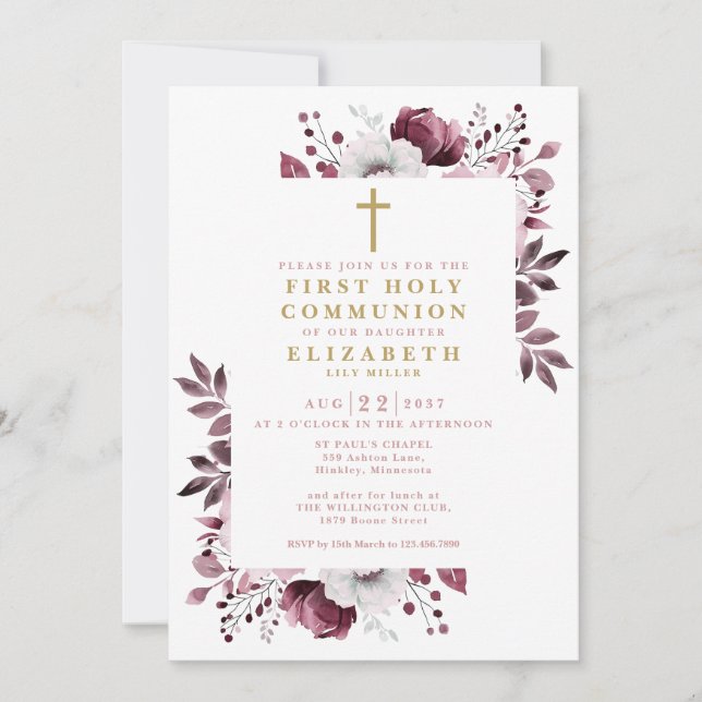Boho Rosa Blommigt Botanique First Heliga Communio Inbjudningar (Framsida)