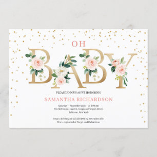 Boho rosa blommigt brev guld foil åå baby inbjudningar