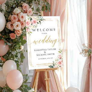 Boho rosa blommigt bröllop välkomstskylt poster