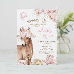 Boho Rosa Blommigt Brown Horse Saddle upp på födel Inbjudningar