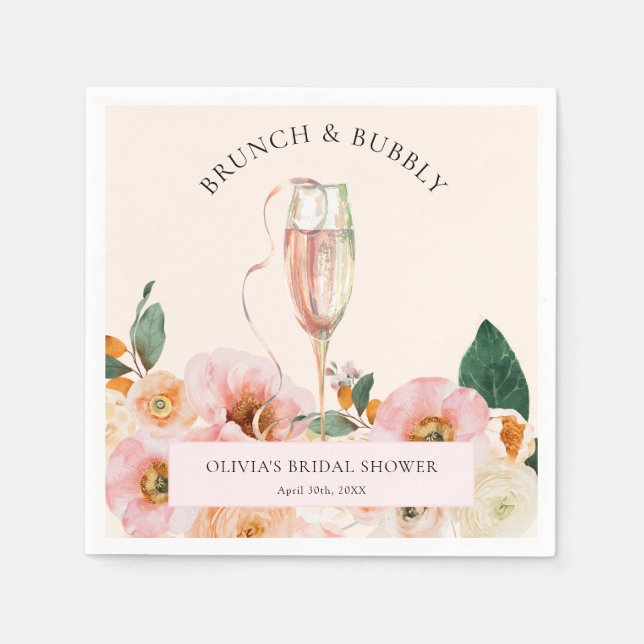 Boho Rosa Blommigt Brunch & Bubly Pappersservett (Framsidan)