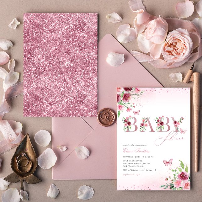 Boho  Rosa Blommigt Butterfly Girl Baby Shower Inbjudningar (Skapare uppladdad)