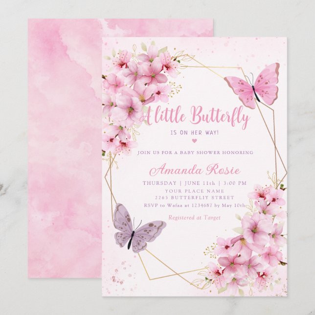 Boho  Rosa Blommigt Butterfly Girl Baby Shower Inbjudningar (Fram/baksida)