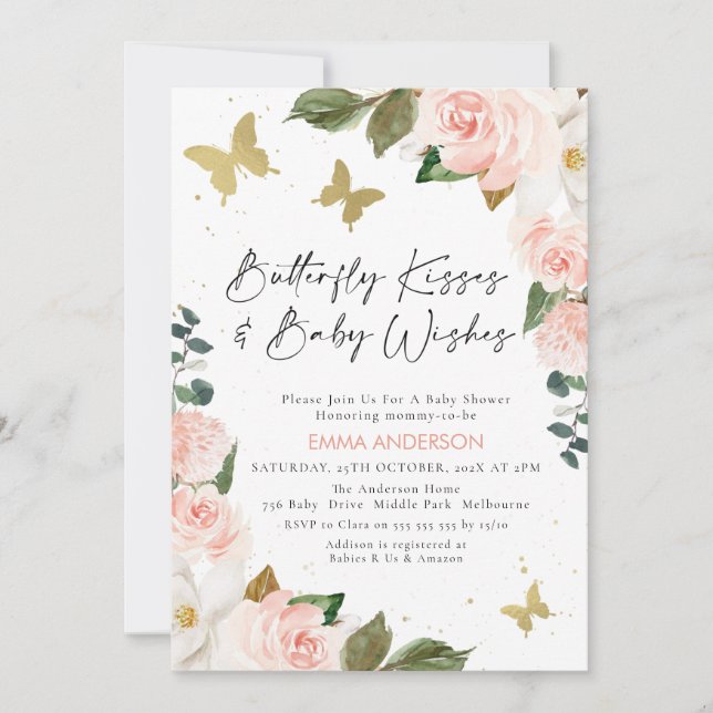 Boho Rosa Blommigt Butterfly Kisses Baby Shower Inbjudningar (Framsida)