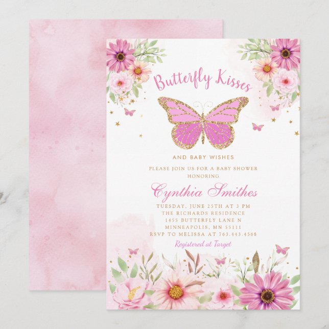 Boho Rosa Blommigt Butterfly Kisses Girl Baby Show Inbjudningar (Fram/baksida)