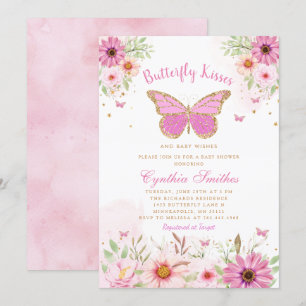 Boho Rosa Blommigt Butterfly Kisses Girl Baby Show Inbjudningar