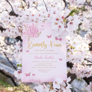 Boho Rosa Blommigt Butterfly Kisses Girl Baby Show Inbjudningar