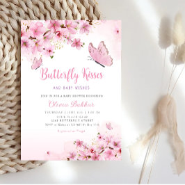 Boho Rosa Blommigt Butterfly Kisses Girl Baby Show Inbjudningar