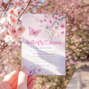 Boho Rosa Blommigt Butterfly Kisses Girl Baby Show Inbjudningar