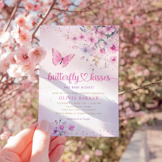 Boho Rosa Blommigt Butterfly Kisses Girl Baby Show Inbjudningar (Skapare uppladdad)