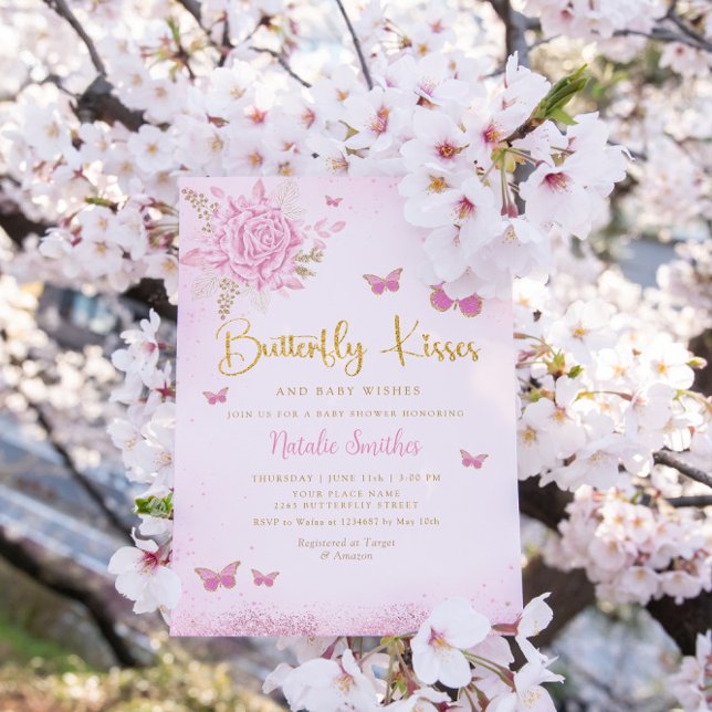 Boho Rosa Blommigt Butterfly Kisses Girl Baby Show Inbjudningar (Skapare uppladdad)