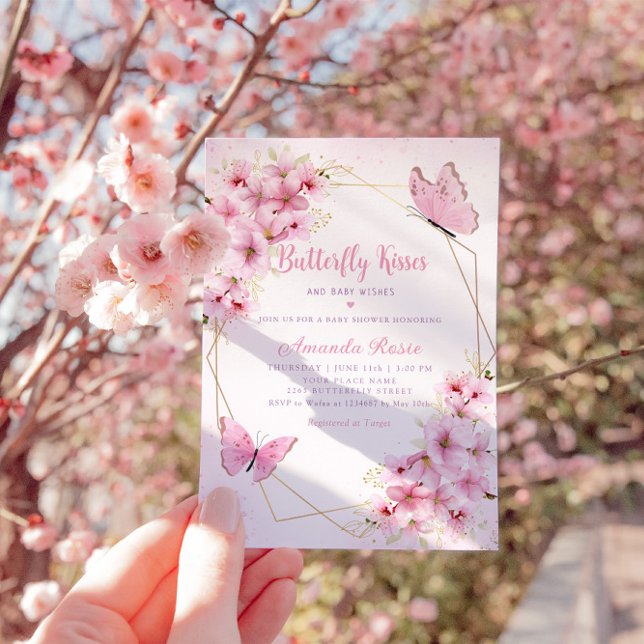 Boho Rosa Blommigt Butterfly Kisses Girl Baby Show Inbjudningar (Skapare uppladdad)