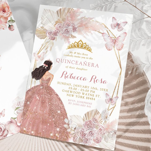 Boho Rosa Blommigt Butterfly Princess Quinceañera Inbjudningar (Skapare uppladdad)