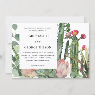 BOHO ROSA BLOMMIGT CACTI FAUNA WATERCOLOR BRÖLLOP INBJUDNINGAR
