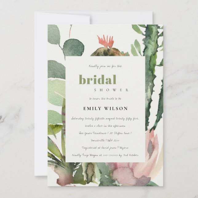 BOHO ROSA BLOMMIGT CACTI FOLIAGE MÖHIPPA INBJUDNINGAR (Framsida)