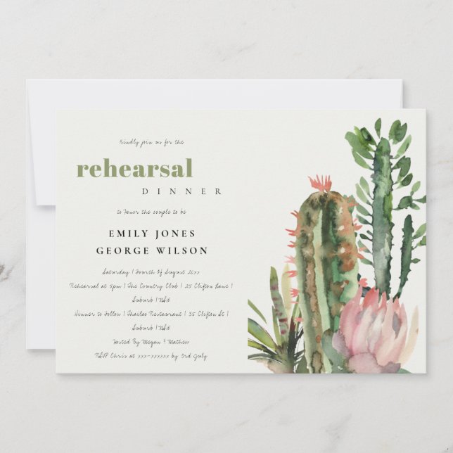 BOHO ROSA BLOMMIGT CACTI FOLIAGE REHEARSAL DINNER INBJUDNINGAR (Framsida)