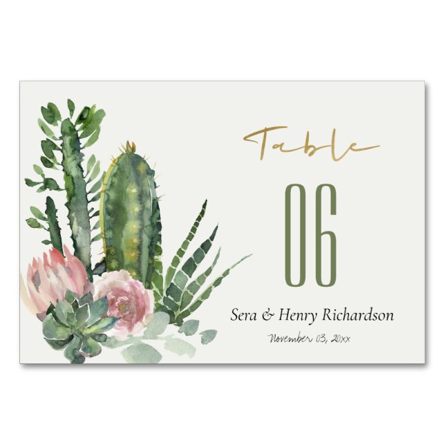 BOHO ROSA BLOMMIGT CACTI FOLIAGE WATERCOLOR BRÖLLO BORDSNUMMER (Framsidan)