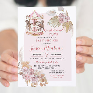 Boho Rosa Blommigt Carousel Baby Shower Inbjudningar