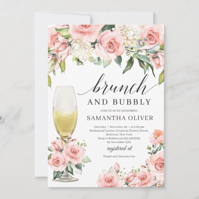 Boho  rosa blommigt champagne brunch och bubbla inbjudningar (Framsida)