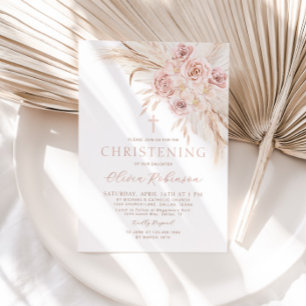 Boho Rosa Blommigt Christening Baptism-inbjudan Inbjudningar