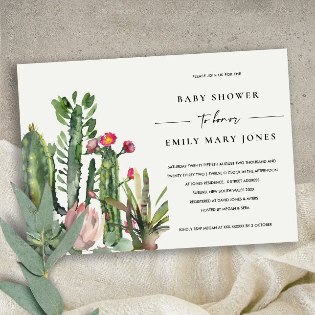 BOHO ROSA BLOMMIGT DESERT CACTI FAUNA BABY SHOWER INBJUDNINGAR (Skapare uppladdad)