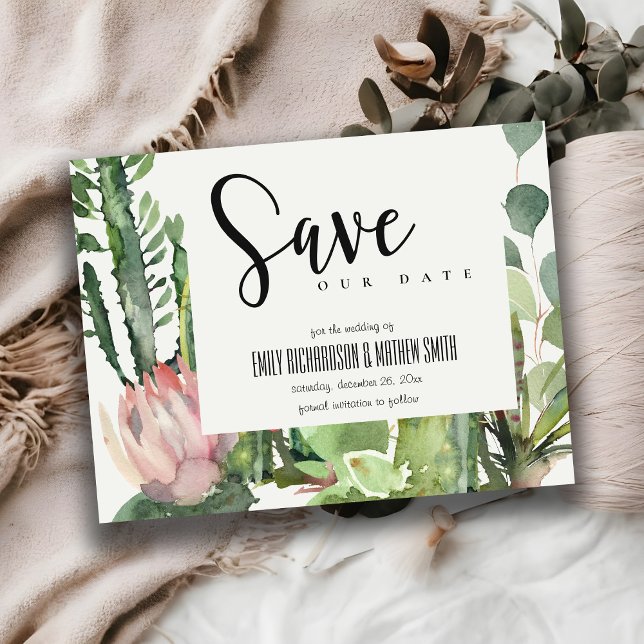 BOHO ROSA BLOMMIGT DESERT CACTI FAUNA SPARA DATUM MEDDELANDE VYKORT (Skapare uppladdad)