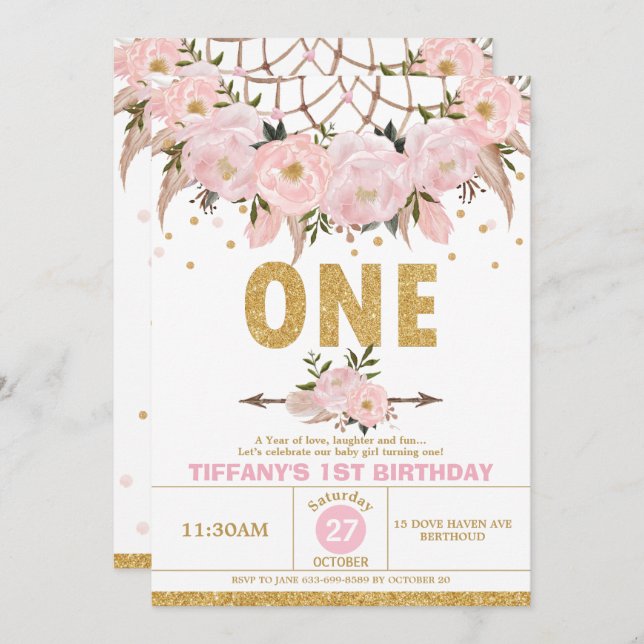 Boho Rosa Blommigt Dream Catcher 1:a födelsedagsfl Inbjudningar (Fram/baksida)