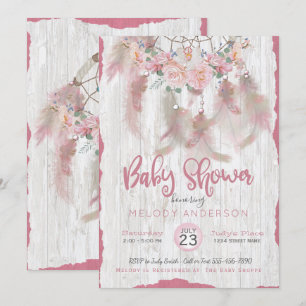 BOHO Rosa Blommigt DreamCatcher Tribal Baby Shower Inbjudningar