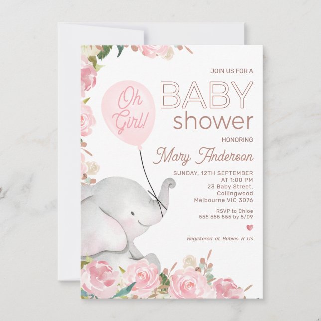 Boho Rosa Blommigt Elephant Balloon Baby Shower Inbjudningar (Framsida)
