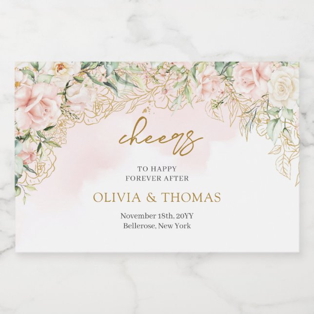 Boho  rosa blommigt eucalyptus guld bröllop (Enkel etikett)