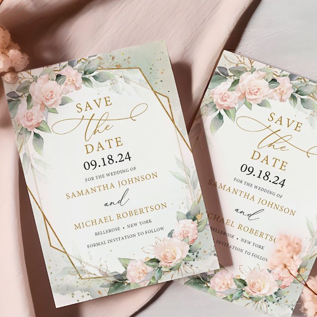 Boho  Rosa Blommigt eucalyptus Guld Ram Spara Datumet (Modern watercolor blush and gold green eucalyptus save the date card template)