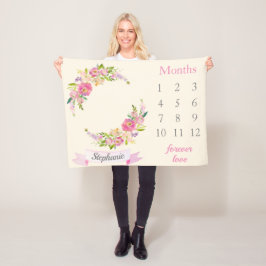 Boho Rosa Blommigt Flicka Milestone Baby Fleecefilt