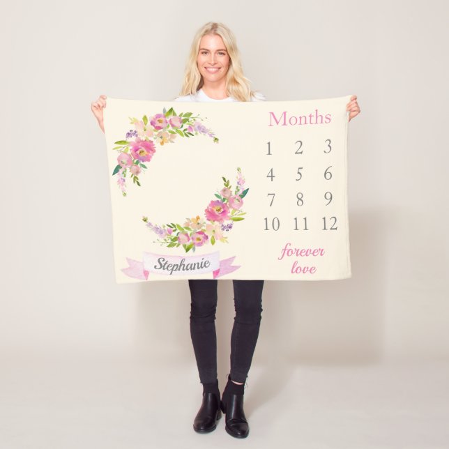 Boho  Rosa Blommigt Flicka Milestone Baby Fleecefilt (På plats)