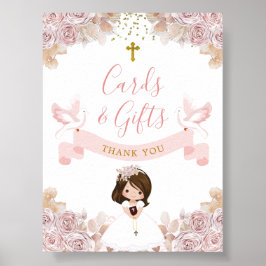 Boho Rosa Blommigt Girl First Communion Cards & Gi Poster