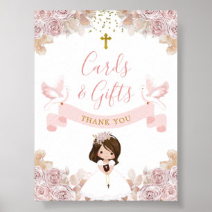 Boho Rosa Blommigt Girl First Communion Cards & Gi Poster