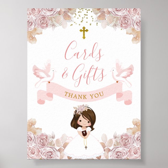 Boho Rosa Blommigt Girl First Communion Cards & Gi Poster (Framsidan)