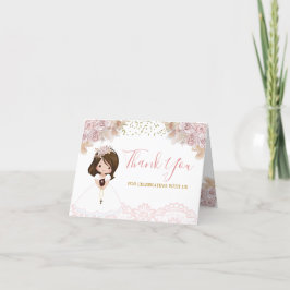 Boho Rosa Blommigt Girl First Heliga Communion Fol Tack Kort