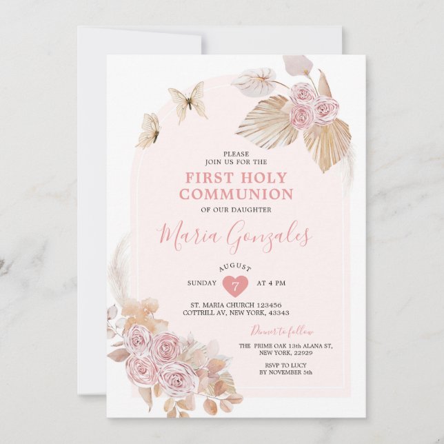 Boho Rosa Blommigt Girl First Heliga Communion Inbjudningar (Framsida)
