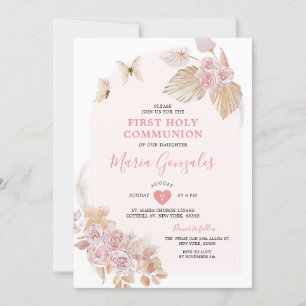 Boho Rosa Blommigt Girl First Heliga Communion Inbjudningar
