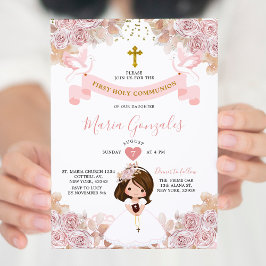 Boho Rosa Blommigt Girl First Heliga Communion Inbjudningar