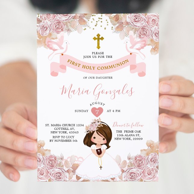 Boho Rosa Blommigt Girl First Heliga Communion Inbjudningar (Skapare uppladdad)