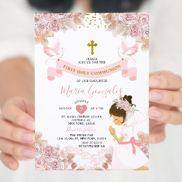 Boho Rosa Blommigt Girl First Heliga Communion Inbjudningar
