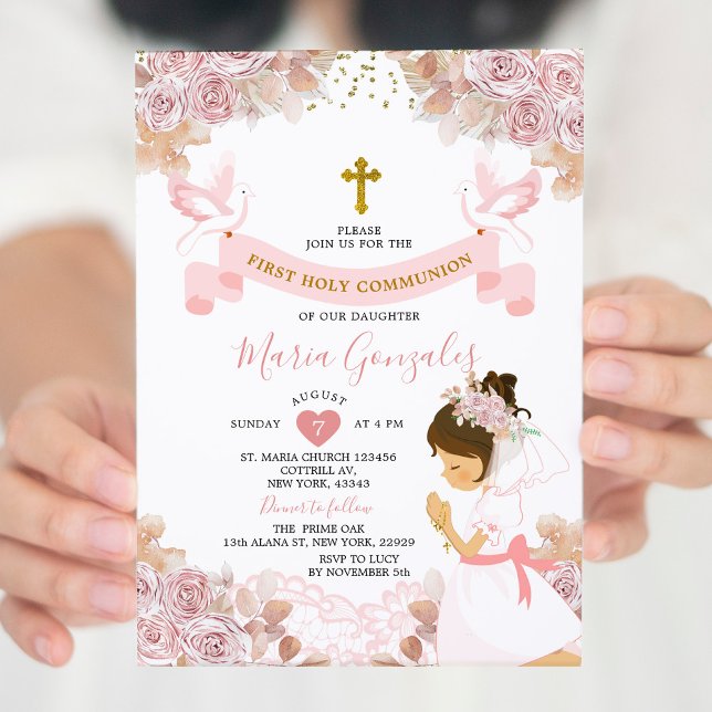 Boho Rosa Blommigt Girl First Heliga Communion Inbjudningar (Skapare uppladdad)