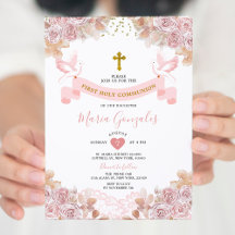 Boho Rosa Blommigt Girl First Heliga Communion