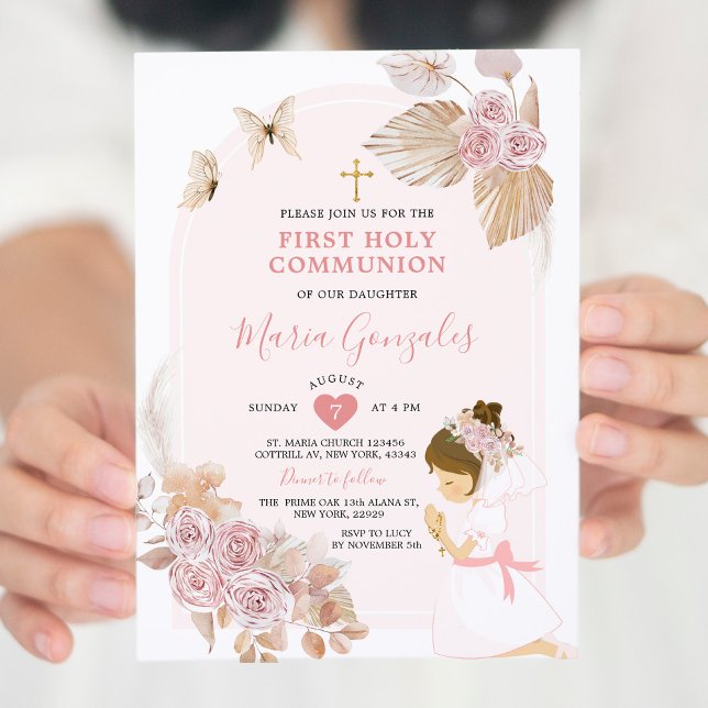 Boho Rosa Blommigt Girl First Heliga Communion Inbjudningar (Skapare uppladdad)