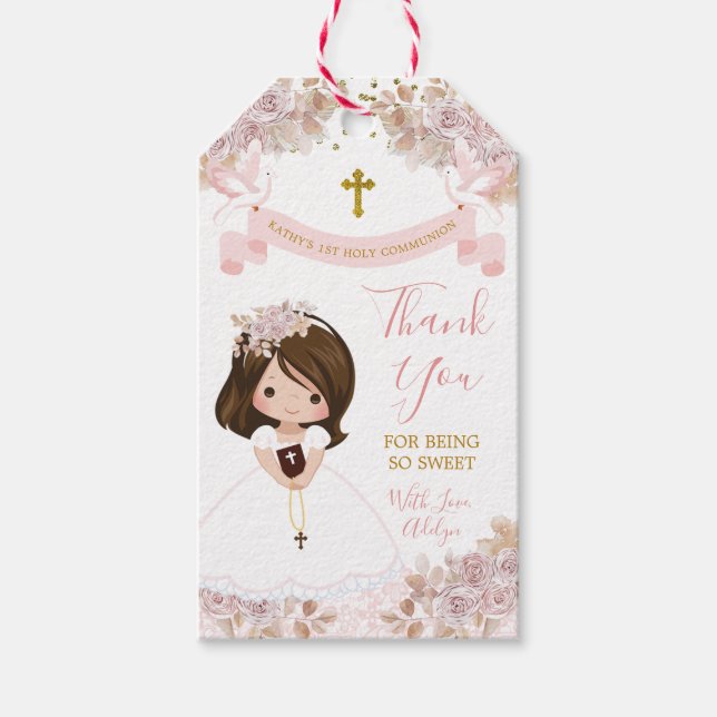 Boho Rosa Blommigt Girl First Heliga Communion Presentetikett (Framsidan)