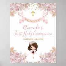 Boho Rosa Blommigt Girl First Heliga Communion Väl