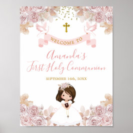 Boho Rosa Blommigt Girl First Heliga Communion Väl Poster