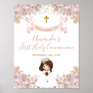 Boho Rosa Blommigt Girl First Heliga Communion Väl Poster
